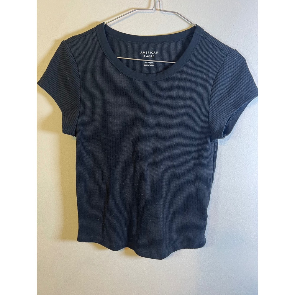 American Eagle Womens Waffle Knit Top Short Sleeve Black Size M